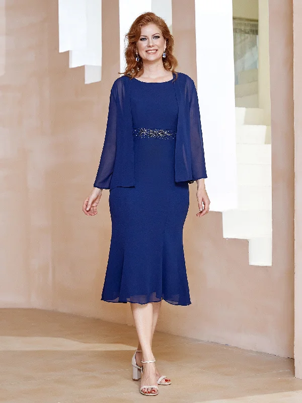 Chiffon Beaded Tea-length Dress with Jacket Navy BlueFlash Deals – Act Quickly!