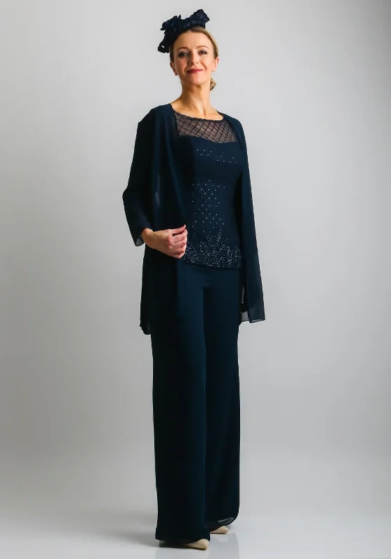 Couture Club Chiffon Wide Leg Trouser Suit, NavyHurry, Sale Ends Soon!
