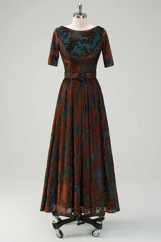 Dark Green Floral Velvet Mother of Bride Dress With BeltYour Discount is Waiting!