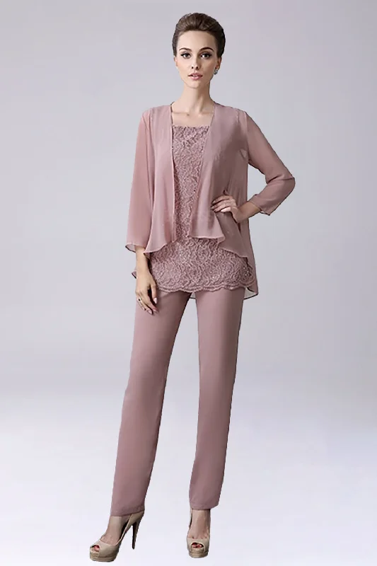 Dusty Rose 3 Pieces Chiffon Mother of Bride Pant SuitsOnly a Few Left – Order Now!