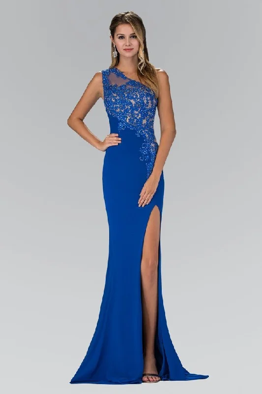 Elizabeth K Laced Asymmetrical Neck Gown GL2066Amazing Prices You Can’t Resist!