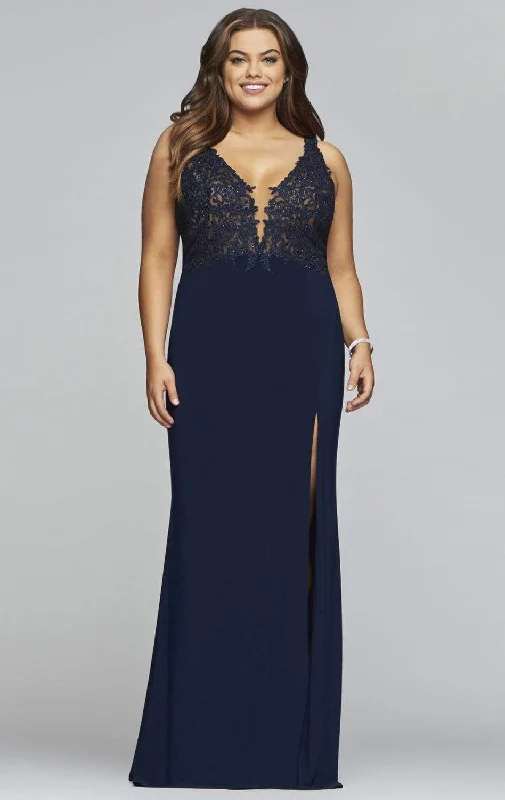 Faviana - Lace Applique V-Neck Jersey Sheath Dress 9463 - 2 pcs Navy In Size 18W AvailableBest Price of the Season! Faviana - Lace Applique V-Neck Jersey Sheath Dress 9463 - 2 pcs Navy In Size 18W AvailableBest Price of the Season!