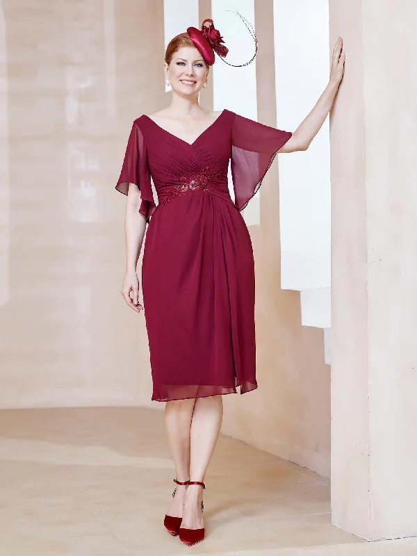 Flutter Sleeves V-neck Sequins Applique Decor Dress BurgundySteals and Deals Await!