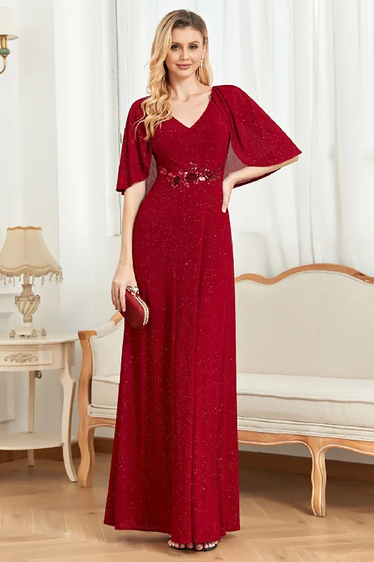 Glitter V-Neck Burgundy Mother of the Bride Dress with CapeDon’t Wait – Shop Today!