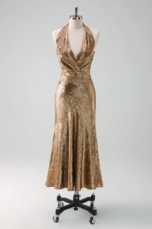 Golden Halter Neck Mermaid Midi Wedding Guest DressShop Today, Save Tomorrow!