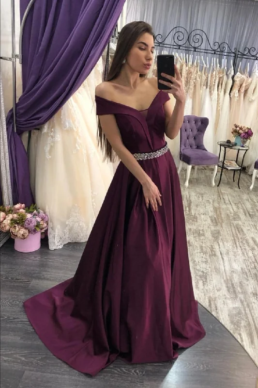 Grape Purple Satin Prom Dresses with Beaded BeltFlash Sale – Act Fast!