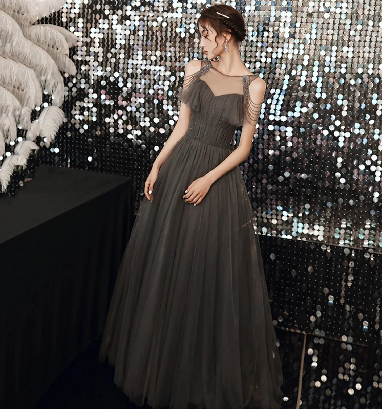 GRAY TULLE LONG A LINE PROM DRESS EVENING DRESS    cg22362Must-Have Deals Inside!