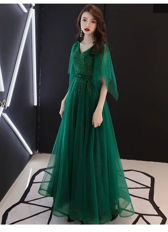 Green Beaded Tulle Long Prom Dress, A-line Lace-up Formal Dress    cg22254Act Fast – Limited Time Savings!
