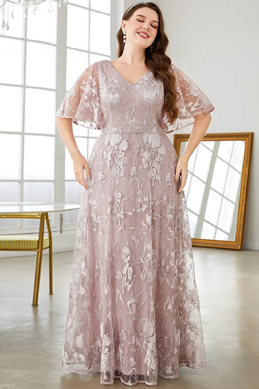 Grey Pink A-Line V-Neck Embroidered Plus Size Prom DressLimited Edition, Limited Price! Grey Pink A-Line V-Neck Embroidered Plus Size Prom DressLimited Edition, Limited Price!