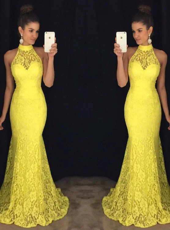 Halter Lace Evening Dresses Yellow Lace Dresses Evening Prom Dresses Formal Evening Gowns    cg22179Huge Price Cuts Await!