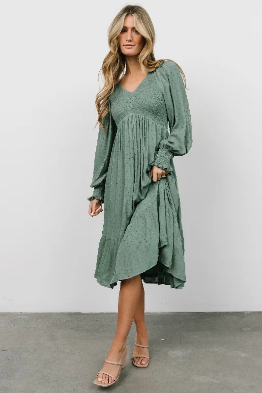 Lainey Smocked Dotted Midi Dress | Dark SageSave Like Never Before!