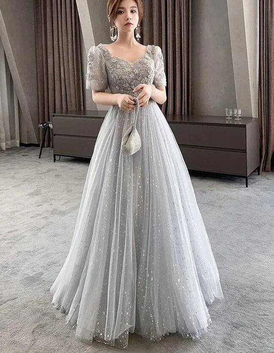 Light Grey Short Sleeves Tulle And Lace Lovely Party Dress, Long Tulle Prom Dress    cg22199Savings You Can’t Ignore!