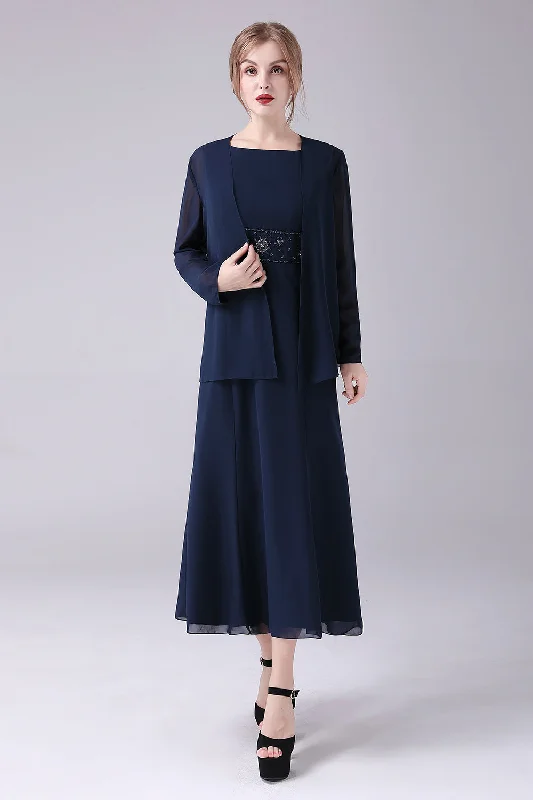 Navy Boat Neck A-line 2 Pieces Mother of the Bride DressBuy More, Pay Less!