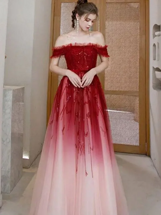 Off The Shoulder Ombre Red Long Evening Prom Dress    cg22248Get Ready to Save!