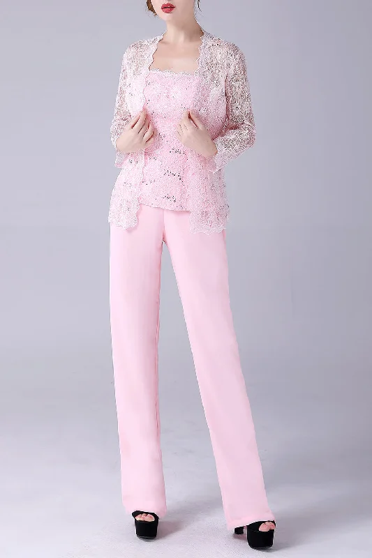Pink 3 Pieces Lace Coat Mother of the Bride Pant SuitsMega Sale Happening Now!
