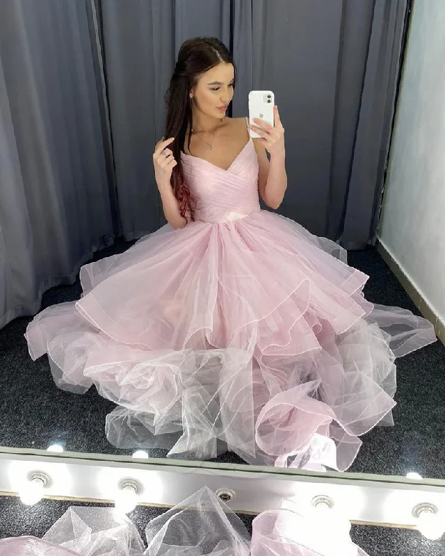 Pink Straps V-Neckline Tulle Long Layers Prom Dresses Party Dress, Pink Tulle Formal Dress cg22169Special Discounts Inside! Pink Straps V-Neckline Tulle Long Layers Prom Dresses Party Dress, Pink Tulle Formal Dress cg22169Special Discounts Inside!