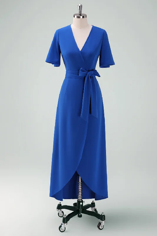 Royal Blue V-Neck Long Mum of Bride Dress with Short SleevesHot Deals You Can’t Resist!