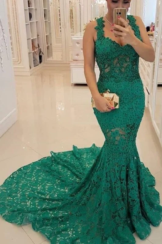 Sexy Hunter Green Tulle Mermaid Lace Applique Prom Dress    cg23327Don't Miss Out!