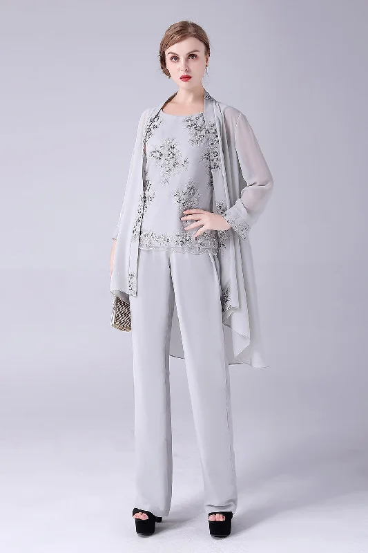 Silver Chiffon 3 Pieces Mother of the Bride Pant SuitsGet Ready to Save!
