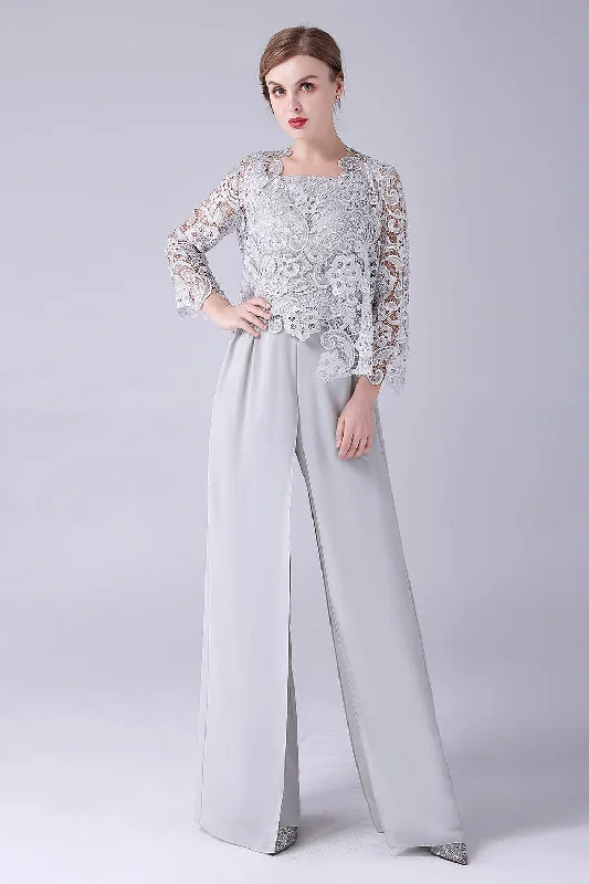 Silver Chiffon Pant and Lace Top Mother of The Bride Pant SuitsSavings You Can’t Ignore! Silver Chiffon Pant and Lace Top Mother of The Bride Pant SuitsSavings You Can’t Ignore!