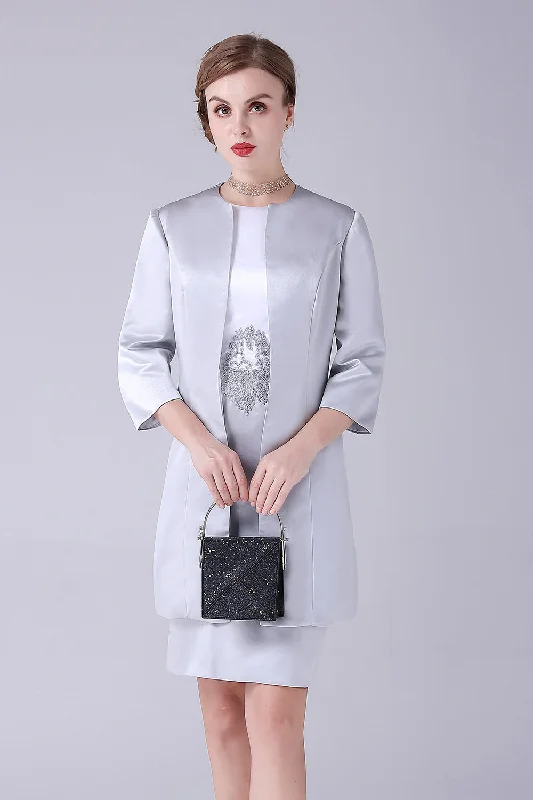 Silver Sheath Knee Length Mother of the Bride Dress With CoatOne Click Away from Big Savings! Silver Sheath Knee Length Mother of the Bride Dress With CoatOne Click Away from Big Savings!
