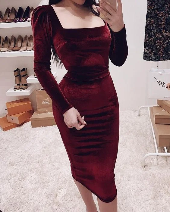 Square Neck Puff Sleeve Bodycon Dress Prom Gown    cg22296Shop More, Spend Less!