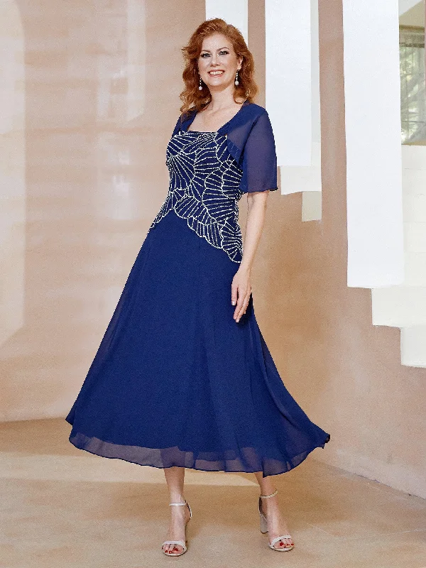 Square Neckline Beaded Chiffon A-line Dress Navy BlueThe Best Sale of the Year!