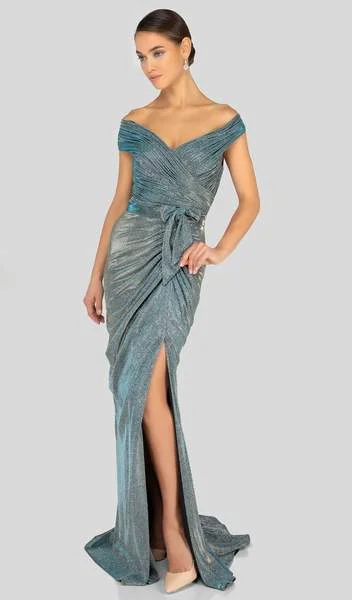 Terani Couture - Off Shoulder Shirred Metallic Gown 1911M9344 - 1 Pc. Gunmetal Silver in size 12 AvailableMore Discounts, More Joy! Terani Couture - Off Shoulder Shirred Metallic Gown 1911M9344 - 1 Pc. Gunmetal Silver in size 12 AvailableMore Discounts, More Joy!