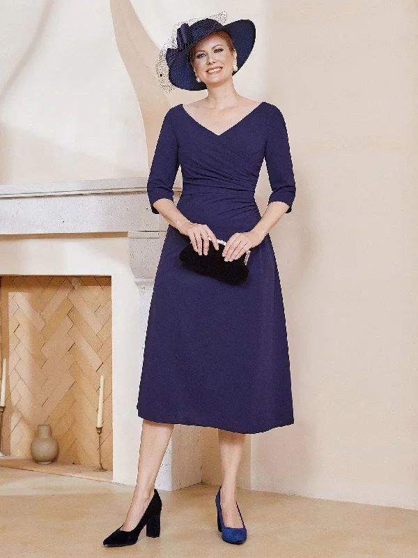 V-Neck Pleated A-line Dress Dark NavyBuy More, Save More!
