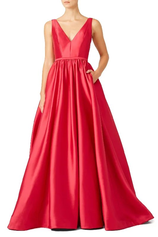 V-neck Satin Red Long Evening Dresses with PocketsYour Chance to Save is Now!