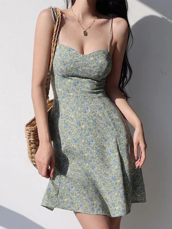 BerryBetty - Lace Up Floral Green Mini DressInstant Savings Await!