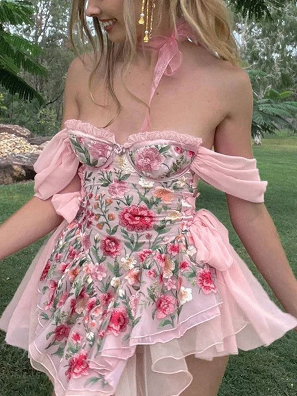 BerryBetty - Patchwork Ruffle Bardot Floral Mini DressMust-Have Deals Inside!