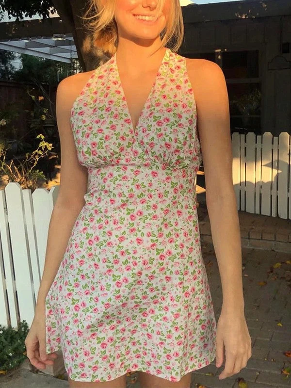 BerryBetty - Plunge Neck Backless Floral Mini DressUnmissable Offers Await!