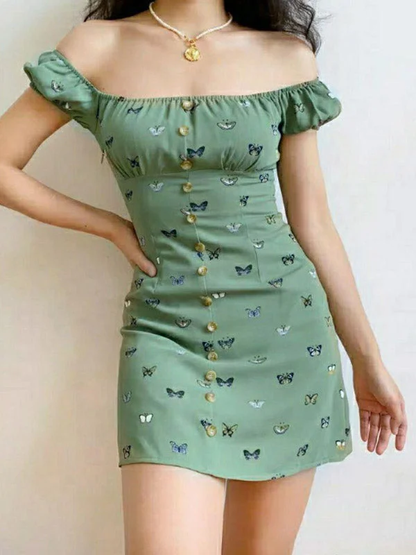 BerryBetty - Puff Sleeve Butterfly Mini DressBest Deals Just for You!