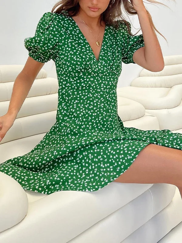 BerryBetty - Puff Sleeve Green Floral Mini DressGet Ready to Save!