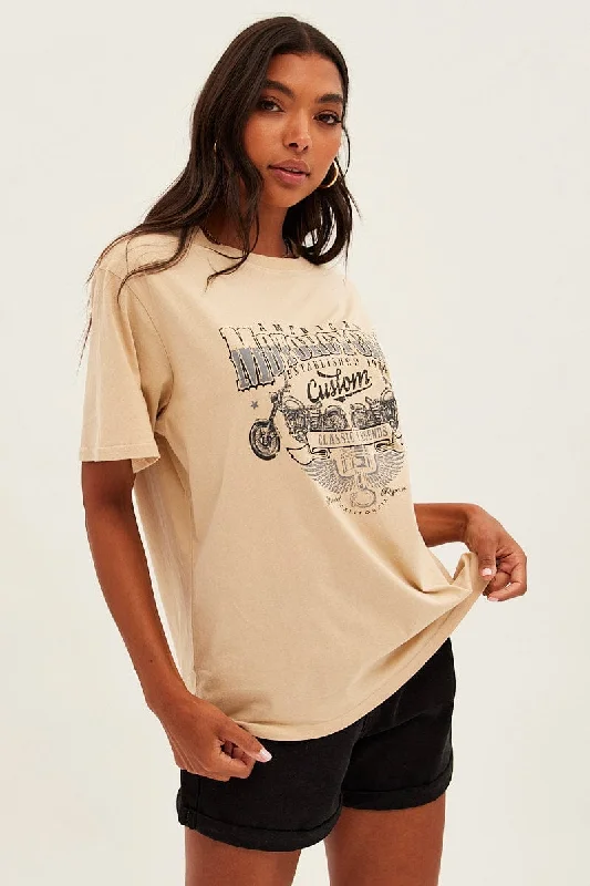 Beige Graphic Tee Short Sleeve Round Neck CottonEverything Must Go!