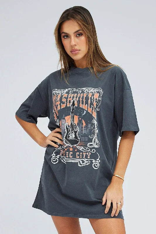 Black Tee Short Sleeve Round Neck Graphic PrintCrazy Discounts Inside!