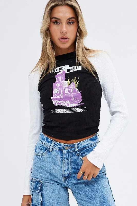 Black Top Long Sleeve Crew Neck Longline Rock GraphicShop the Hottest Deals!