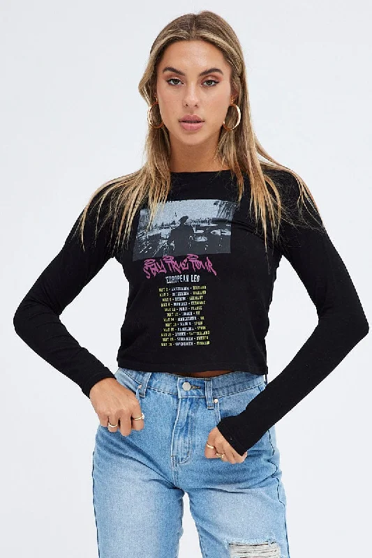 Black Top Long Sleeve Crew Neck Semi-Crop Tour GraphicOne Day Only – Huge Savings!