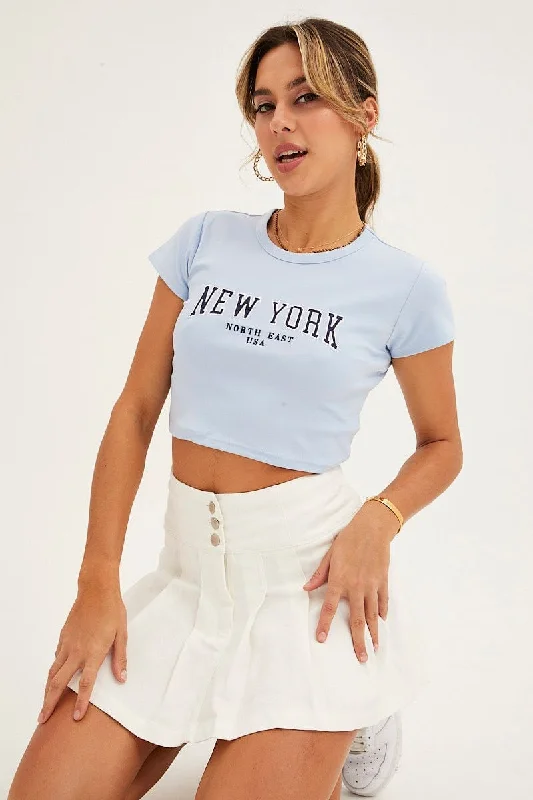 Blue Baby Tee Short Sleeve Crop Round NeckGet the Best for Less!