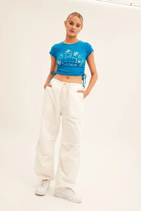 Blue Crop Top Short Sleeve Crew Neck Ruched RibShop Early, Save Big!
