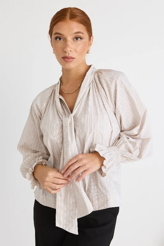 Compassion Ecru Stripe Poplin Tie Front BlouseShop More, Spend Less!