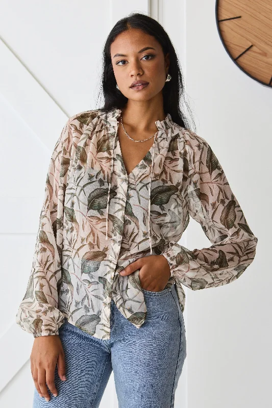 Deft Ivory Floral Crinkle LS BlouseYour Best Deals Are Here!