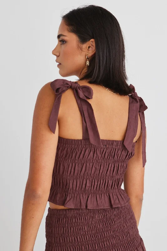 Delectable Raisin Linen Tie Shoulder Shirred TopEnjoy Huge Discounts Now!