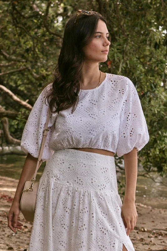 Embellish White Broidery Anglaise Cropped Puff Sleeve TopHottest Discounts of the Year!