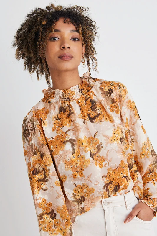 Embrace Pearl Marigold Floral Ls High Neck Shirred Puff Sleeve TopLowest Prices Guaranteed!