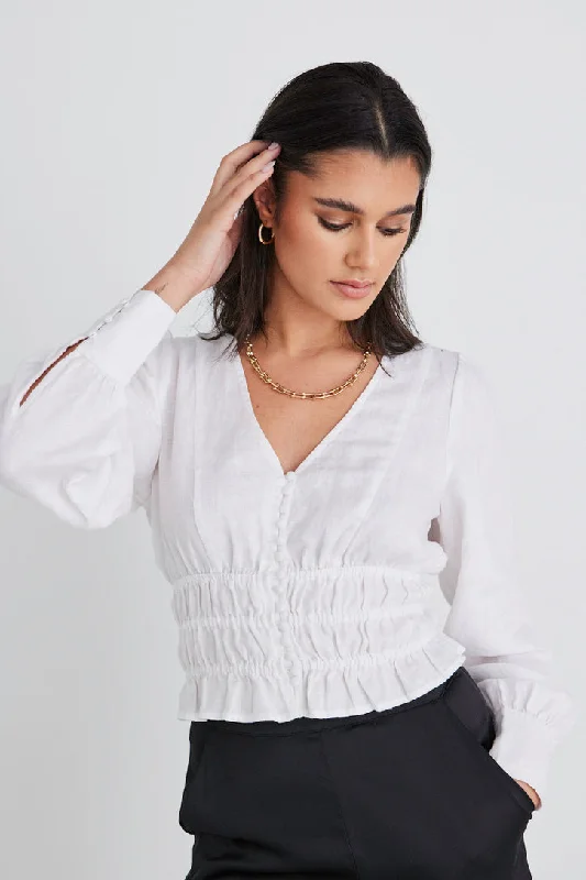 Fabled White Linen LS Shirred Waist TopFind Your Perfect Deal Today!