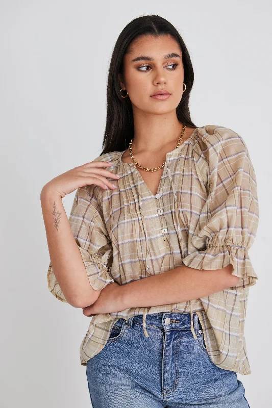 Frolic Beige Check Pintuck Tie Ss TopSteals and Deals Await!