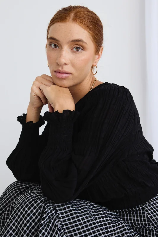 Grace Black Shirred Cotton LS Back Hem Tie TopYour Dream Deal is Here!