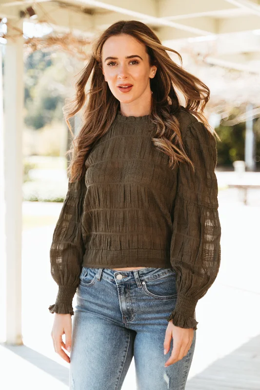Heaven Khaki Shirred Cotton LS Shirred Back Hem TopGet Ready to Save!